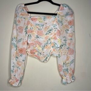 Floral long sleeve blouse size M ruched bust smocked back puff sleeve